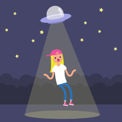 Young surprised blond girl abducted by the UFO spaceship / flat editable vector illustration, clip art