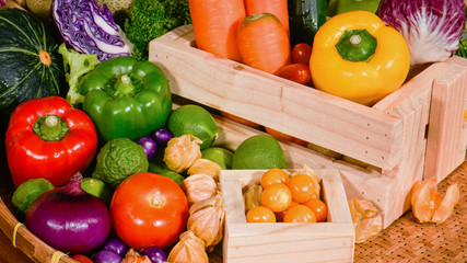 Arrangement fresh fruits and vegetables for eating healthy