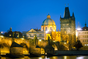 Fototapeta na wymiar Night view of Prague, Charles Bridge like postcard view.