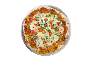 seafood pizza isolate on white, Top view