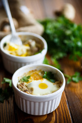 Baked egg with minced fish and mushrooms
