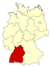 Obraz premium Yellow map of Germany with federal state Baden-Württemberg isolated in red. Vector illustration. EPS10