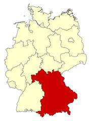 Yellow map of Germany with federal state Bavaria isolated in red. Vector illustration. EPS10