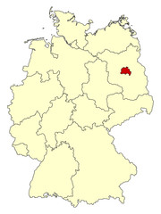 Yellow map of Germany with federal state Berlin isolated in red. Vector illustration. EPS10