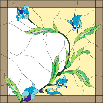Illustration in stained glass style with abstract blue flowers on a on light beige background, square frame.