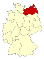 Yellow map of Germany with federal state Mecklenburg-Vorpommern isolated in red. Vector illustration. EPS10