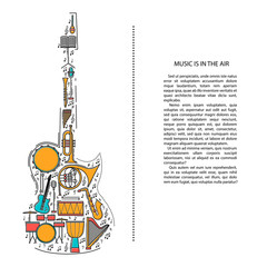 Music instrument line icons in electric guitar shape. Art musical brochure element. Vector decorative greeting card or invitation design background. Creative booklet concept. Magazine cover