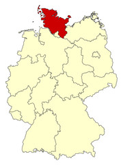 Yellow map of Germany with federal state Schleswig-Holstein isolated in red. Vector illustration. EPS10