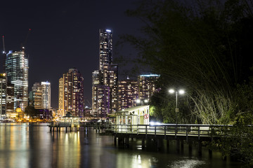 Fototapeta na wymiar Brisbane City nightcape and Kangaroo Point ferry terminals and surrounds by night.