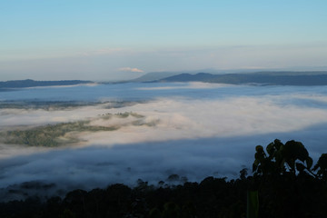 Morning mountain landscape with waves of fog. Waves of clouds in the mountain peaks covered with coniferous deciduous forests.
