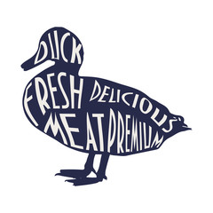 Duck silhouette with text. Ready for design. Restaurant menu icon. Text "Duck Fresh Delicious Meat".