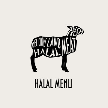 Halal menu promotion with lamb silhouette. Lamb meat stamp with text "Delicious Lamb Meat Fresh Halal".