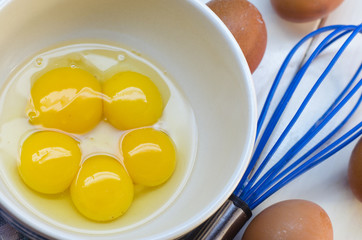 Raw eggs and whisk