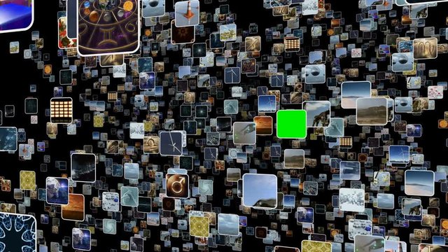 Animated video wall with many small icons popping up with green screen. 3D rendering. 4K