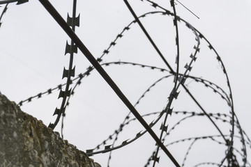 Barbed wire on dark fence. Silhouette photo