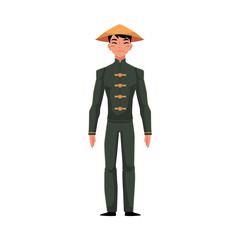 Chinese man in traditional national costume of buttoned tunic, pants in conical hat, cartoon vector illustration isolated on white background. Man from China in Chinese national clothes, costume
