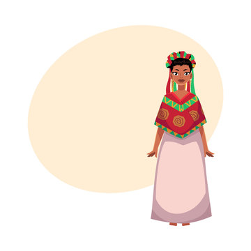 Mexican woman in national clothes, serape shawl and flower crown, head wreath, cartoon vector illustration with place for text. Full length portrait of Mexican woman in national clothes