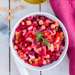 Traditional Russian salad with beets (vinaigrette), top view