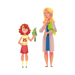 Woman, female veterinarian doctor, vet in white medical coat and little girl holding parrots, cartoon vector illustration isolated on white background. Veterinarian doctor, vet and girl, pet owner