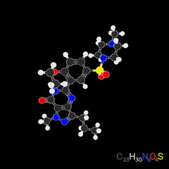 Viagra model molecule. Isolated on black background. Sketch illustration.