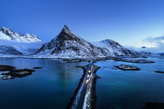 Olstind Mount and bridge. Lofoten islands, Norway
