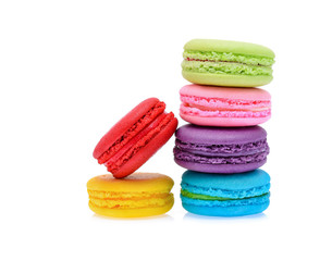 Sweet and colourful french macaroons or macaron on white background, Dessert.