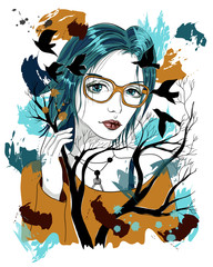 Beautiful girl with blue hair and glasses. Trees and flying birds. Fashion Illustration on abstract background