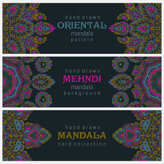 Set of three horizontal cards or flyers with abstract henna mehndi ornament.