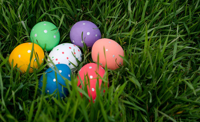 Easter eggs hand painted on green grass. Happy Easter