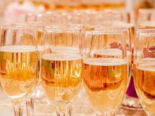 Champagne in glasses on the Banquet tables.