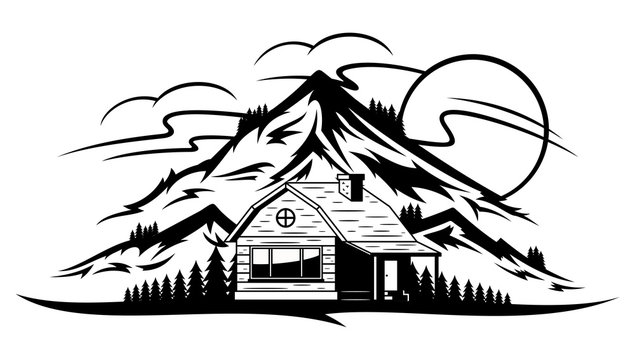 Vector mountain landscape with wooden cabin