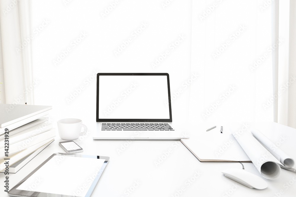 Poster Front view of workpark with blank white computer screen, coffee cup, and book in home work. Mock up , 3D render