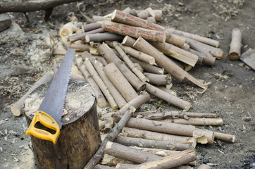 Sawlogs firewood in the garden