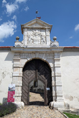Fototapeta premium Coat of arms above entrance of Castle in Ptuj, town on the Drava River banks, Lower Styria Region, Slovenia