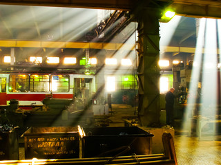 Rays of light in the tram depot. St. Petersburg