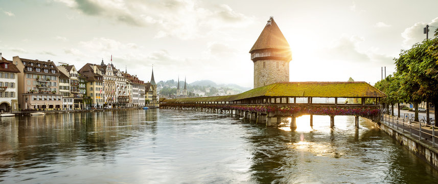 Panorama of Lucerne old town with Chapel Bridge and Water Tower