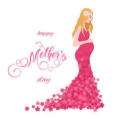 Beautiful pregnant women in flowery dress. Mothers Day greeting card with lettering. Spring holidays. Vector illustration EPS10.