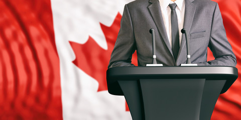 Speaker on Canada flag background. 3d illustration