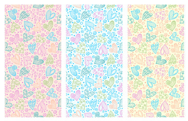 Set of seamless vector patterns with hearts. Background with hand drawn ornamental symbols and decorative elements. Decorative repeating ornament. Graphic illustration.Series of Love Seamless Patterns - 142233554