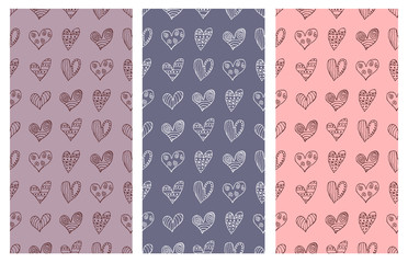 Set of seamless vector patterns with hearts. Background with hand drawn ornamental symbols and decorative elements. Decorative repeating ornament. Graphic illustration.Series of Love Seamless Patterns