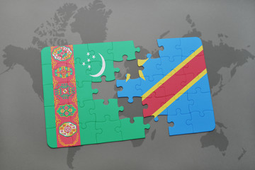 puzzle with the national flag of turkmenistan and democratic republic of the congo on a world map
