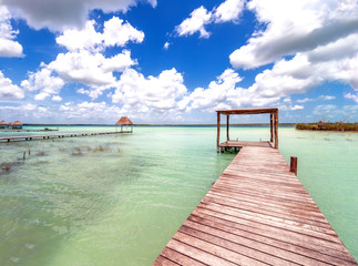 pier and palapa in Bacalar lagoon, Quintana Roo, Mexico