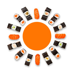 Set of sushi, maki and rolls isolated on white background