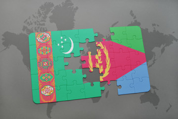 puzzle with the national flag of turkmenistan and eritrea on a world map