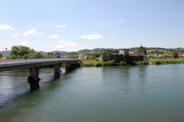 Fototapeta na wymiar Bridge over the River Una in Hrvatska Kostajnica, Croatia on June 19, 2016.