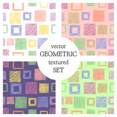 Set of seamless vector geometrical patterns with squares . pastel endless background with hand drawn textured geometric figures. Graphic vector illustration