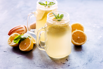 Fresh lemonade in mug jar with ice and mint Horizontal photo