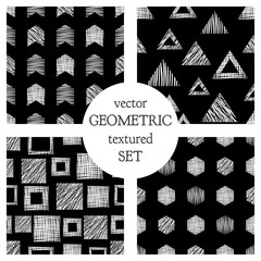 Set of seamless vector geometrical patterns with triangles, circle, squares. Black and white pastel endless background with hand drawn textured geometric figures. Graphic vector illustration