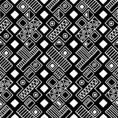 Seamless vector pattern. Black and white geometrical background with hand drawn decorative tribal elements. Print with ethnic, folk, traditional motifs. Graphic vector illustration.