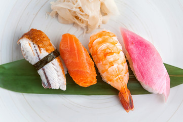 Japanese sushi on a white plate
